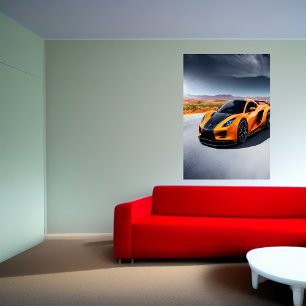 Orange and black sports cars on the road   AI Art Poster