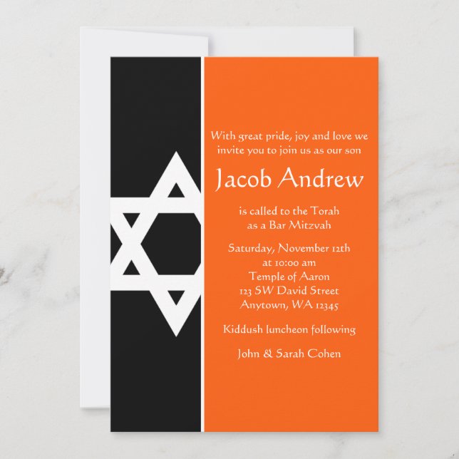 Orange and Black Star of David Bar Mitzvah Invitation (Front)