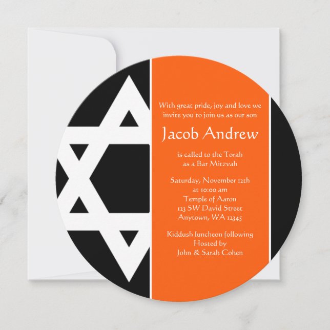 Orange and Black Star of David Round Bar Mitzvah Invitation (Front)