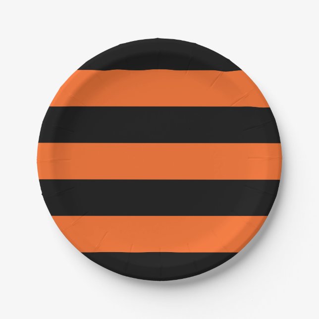 Orange and Black Stripe Halloween Pattern Paper Plate (Front)