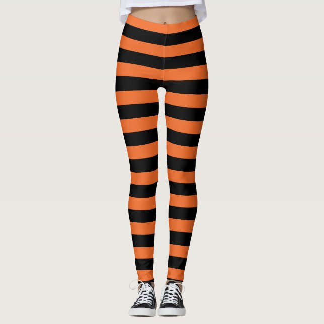 Orange And Black Striped Witch Halloween Leggings (Front)