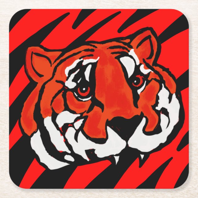 ORANGE AND BLACK STRIPES  SQUARE PAPER COASTER (Front)