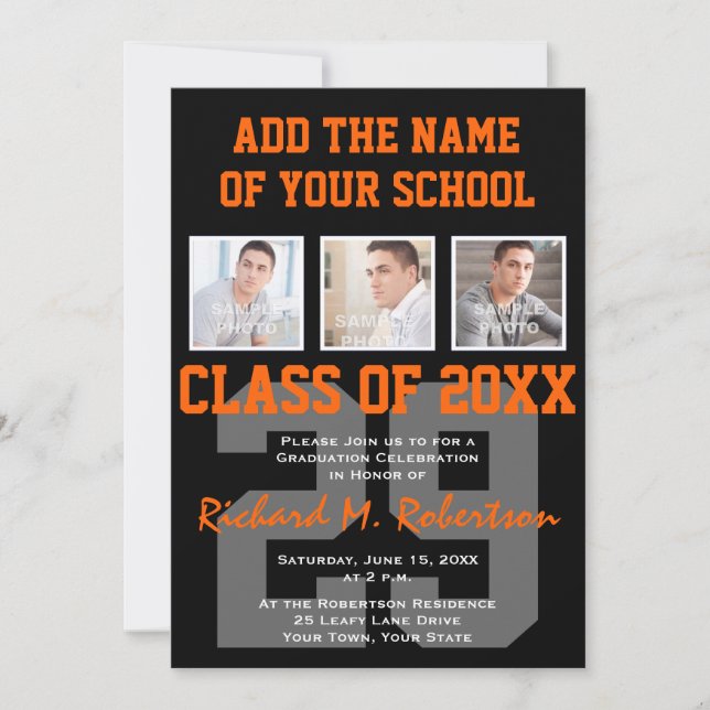 Orange and Black Team Colours Sports Graduation Invitation (Front)