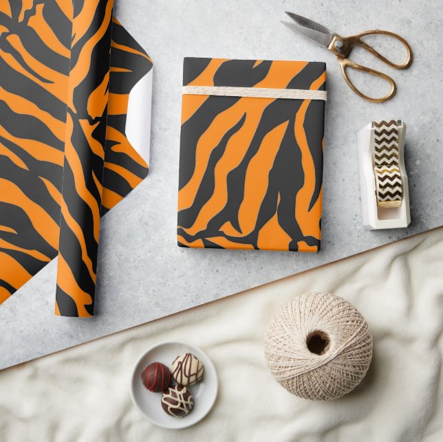 Orange And Black Tiger Stripes Animal Print Wrapping Paper (Crafts)