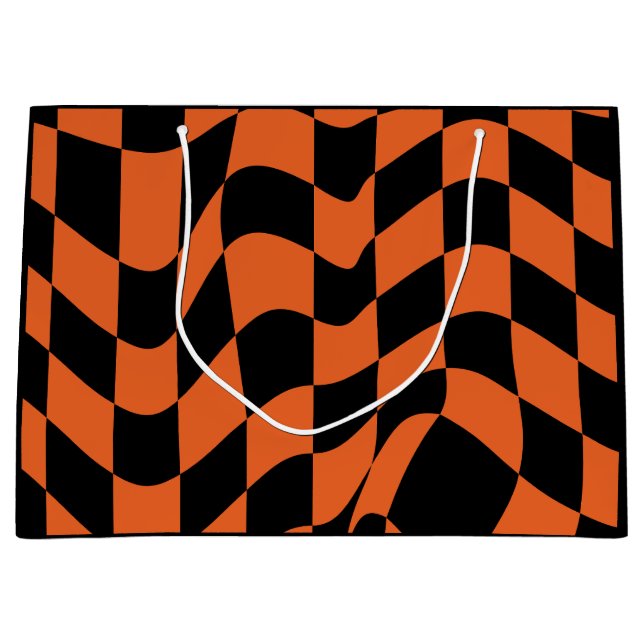 Orange and Black Warped Chequered Board Large Gift Bag (Front)