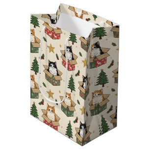 Orange and Black & White Kittens Christmas Pattern Medium Gift Bag