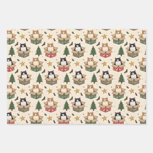 Orange and Black & White Kittens Christmas Pattern Wrapping Paper Sheet (Front)
