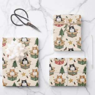 Orange and Black & White Kittens Christmas Pattern Wrapping Paper Sheet