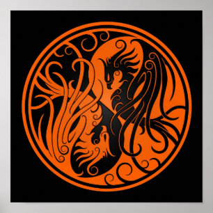 Orange and Black Yin Yang Phoenix Poster