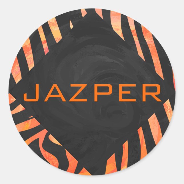 Orange and Black Zebra Monogram Classic Round Sticker (Front)