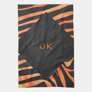 Orange and Black Zebra Monogram Tea Towel