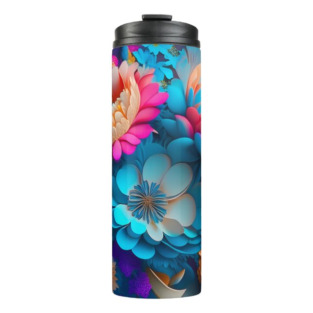 Orange and Blue 3D Flowers Thermal Tumbler (Front)