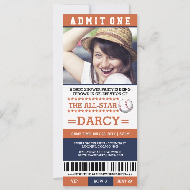 Orange and Blue Baseball Baby Shower Party Invites (Front)