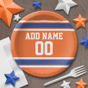 Orange and Blue Birthday Sports Jersey Paper Plate
