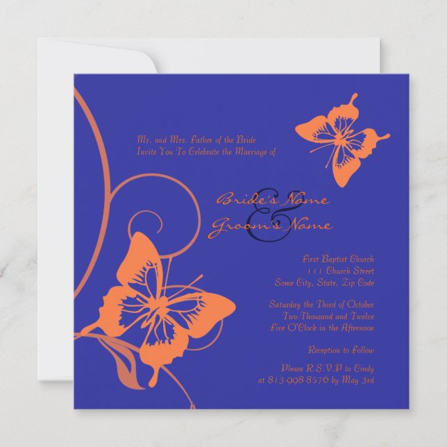 Orange and Blue Butterfly Wedding Invitation (Front)