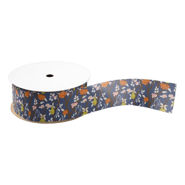 Orange and Blue Chinoiserie Birds Grosgrain Ribbon (Spool)