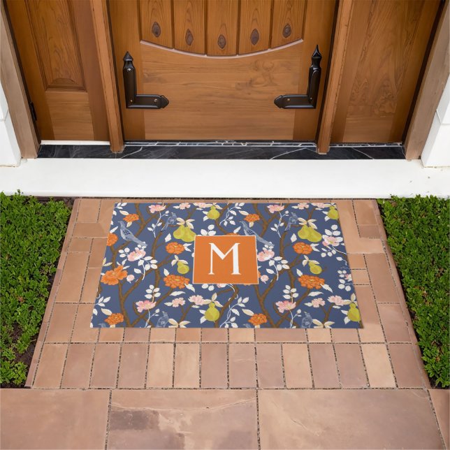 Orange and Blue Chinoiserie Birds Monogram Doormat (Outdoor)