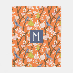 Orange and Blue Chinoiserie Birds Monogram Fleece Blanket