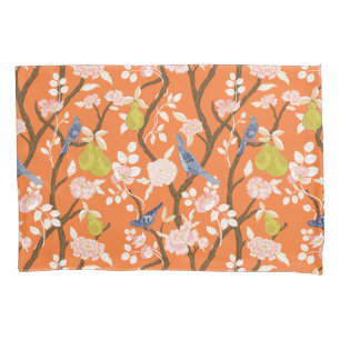 Orange and Blue Chinoiserie Birds Monogram Pillowcase