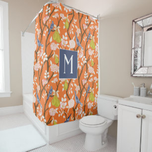 Orange and Blue Chinoiserie Birds Monogram Shower Curtain