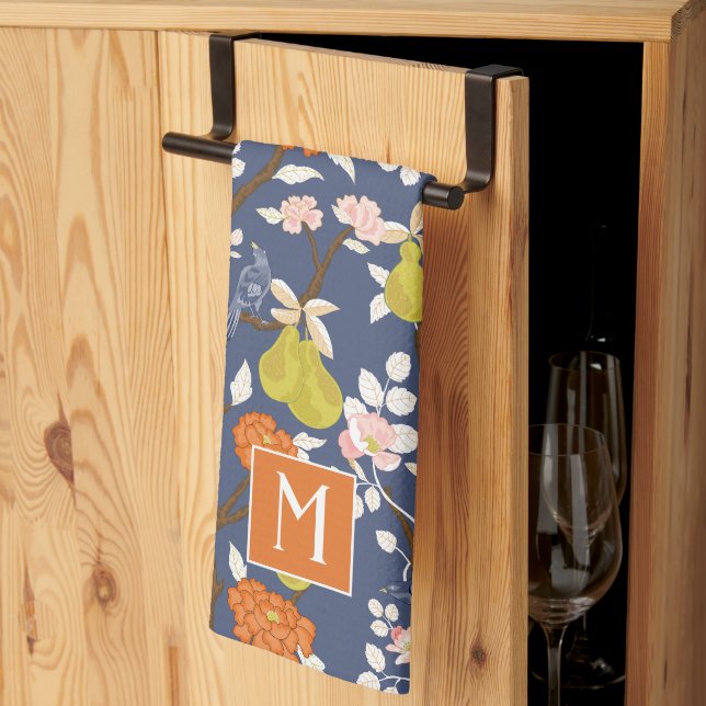 Orange and Blue Chinoiserie Birds Monogram Tea Towel (Thirds Fold)