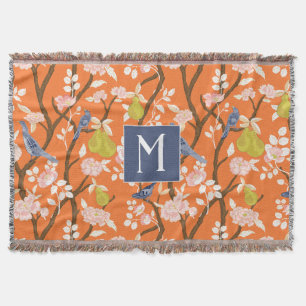 Orange and Blue Chinoiserie Birds Monogram Throw Blanket