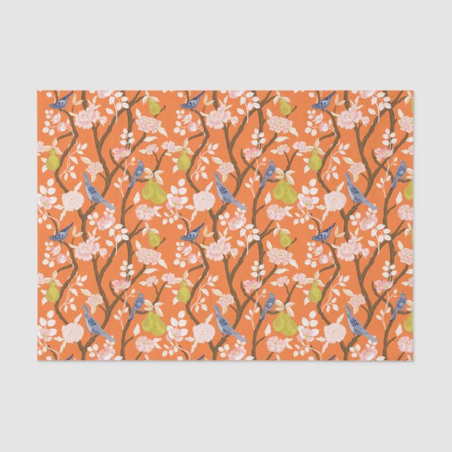 Orange and Blue Chinoiserie Birds Tissue Paper (Front)