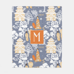 Orange and Blue Chinoiserie Pagodas Monogram Fleece Blanket