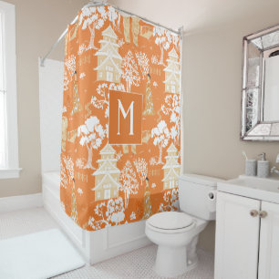 Orange and Blue Chinoiserie Pagodas Monogram Shower Curtain