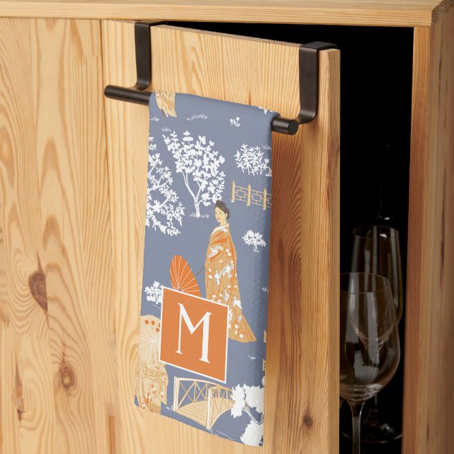 Orange and Blue Chinoiserie Pagodas Monogram Tea Towel (Thirds Fold)