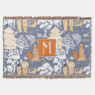 Orange and Blue Chinoiserie Pagodas Monogram Throw Blanket