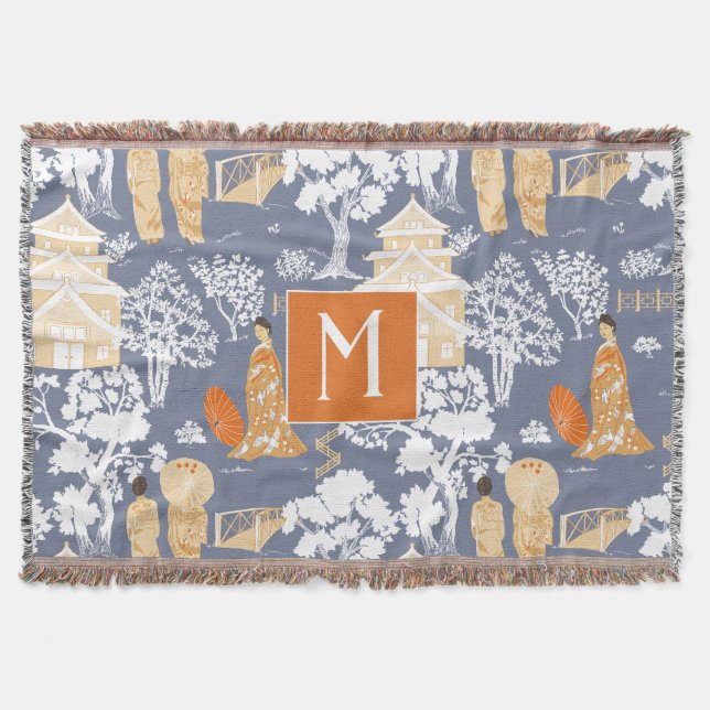 Orange and Blue Chinoiserie Pagodas Monogram Throw Blanket (Front)