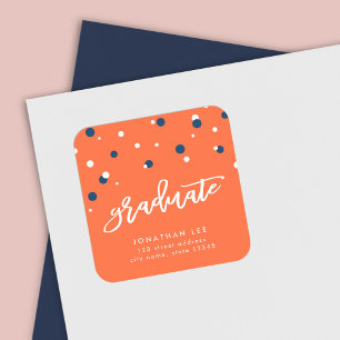 Orange and Blue Confetti Graduate Return Address Square Sticker