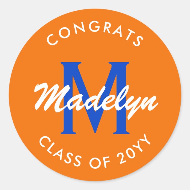 Orange and Blue Custom Graduation Classic Round St Classic Round Sticker (Front)