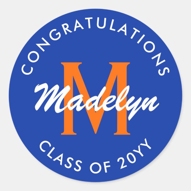 Orange and Blue Custom Graduation Classic Round St Sticker (Front)