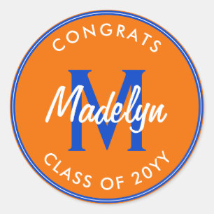 Orange and Blue Custom Graduation Classic Round Sticker