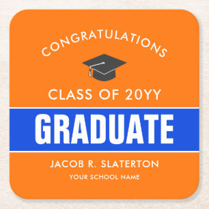 Orange and Blue Custom Graduation Square Paper Coaster