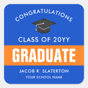 Orange and Blue Custom Graduation Square Sticker