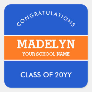 Orange and Blue Custom Graduation Square Sticker