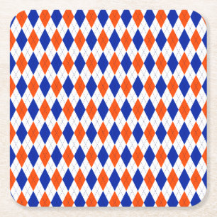Orange and Blue Diamond Argyle Square Paper Coaster