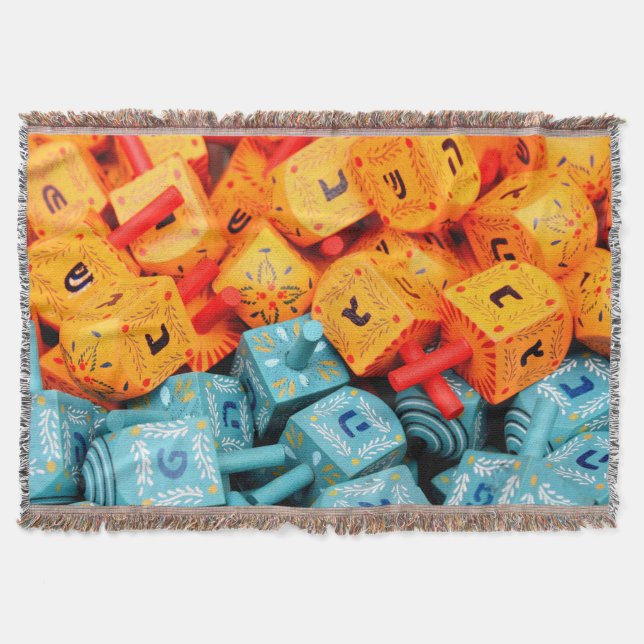 Orange and Blue Dreidels Throw Blanket (Front)