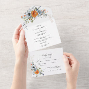 Orange and Blue Floral All in One Wedding Invite