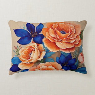 Orange and Blue Floral Decorative Cushion