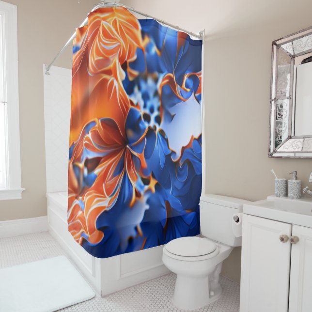 Orange and Blue Floral Fractal Shower Curtain (In Situ)