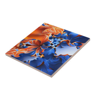 Orange and Blue Floral Fractal Tile