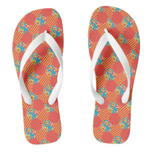 Orange and Blue Floral Polkas Dots Faux Patchwork Flip Flops