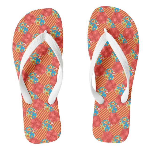 Orange and Blue Floral Polkas Dots Faux Patchwork Flip Flops (Footbed)