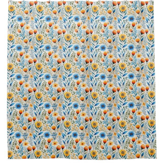 Orange and Blue Floral Shower Curtain (Front)