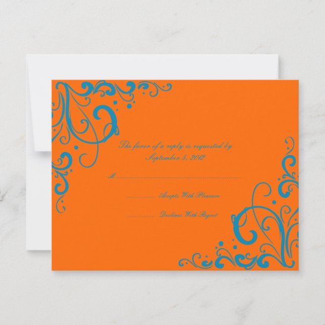 Orange and Blue Flourish Wedding RSVP Card (Front)