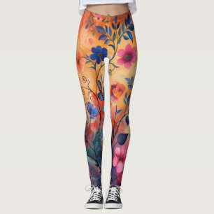 Orange and Blue Flowered  Leggings